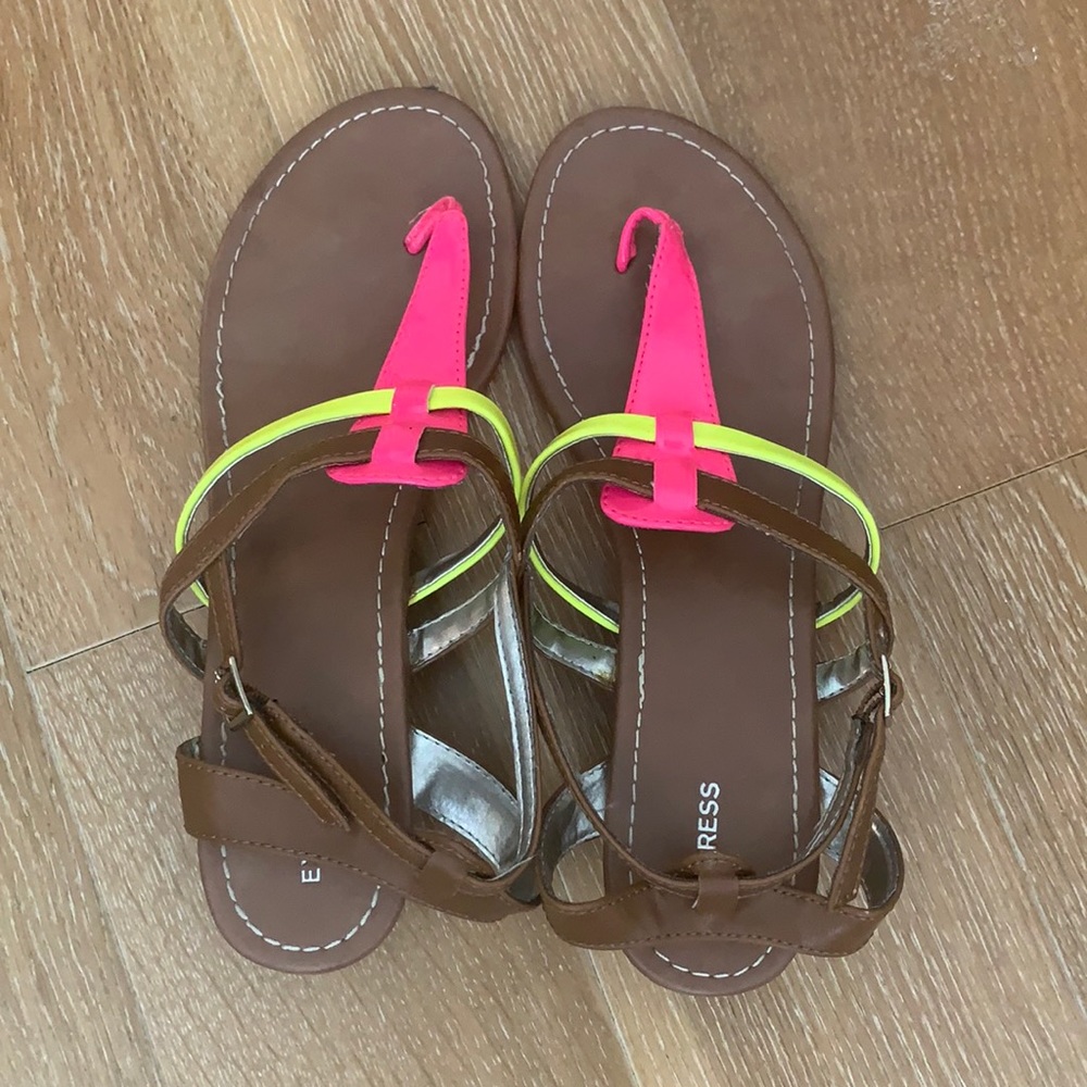 Express neon pink and yellow wedge sandals